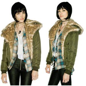 UNIF Bomber Jacket Womens S Olive Green Amelia Faux Fur Collar Grunge Army